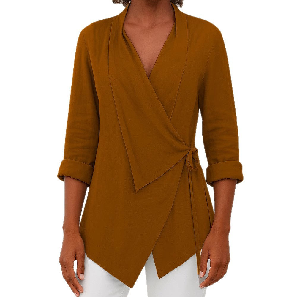 Damen Asymmetrische Wickelbluse mit Schalkragen und 3/4-Ärmeln – Élovi