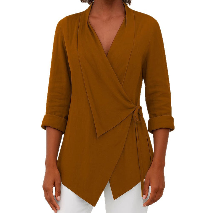 Damen Asymmetrische Wickelbluse mit Schalkragen und 3/4-Ärmeln – Élovi