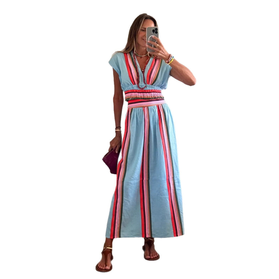 Damen Strandmaxi-Kleid mit elastischem Taillenbund und buntem Streifenmuster Echoarchiv
