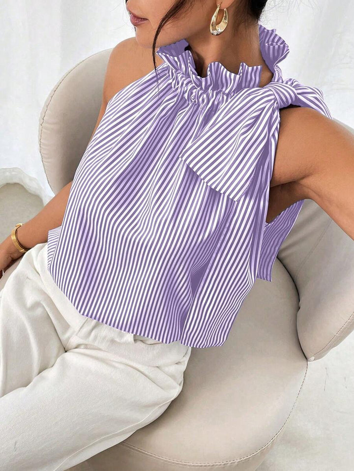 Damen Ärmellose Crêpe-Bluse mit gerafftem Stehkragen und Schulter-Schleife Echo Archiv