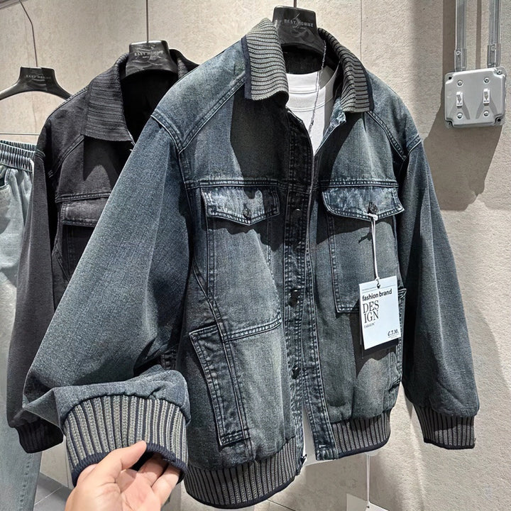 Herren Weitgeschnittene Jeansjacke mit geripptem Kontrastkragen und Vintage-Waschung Echoarchiv