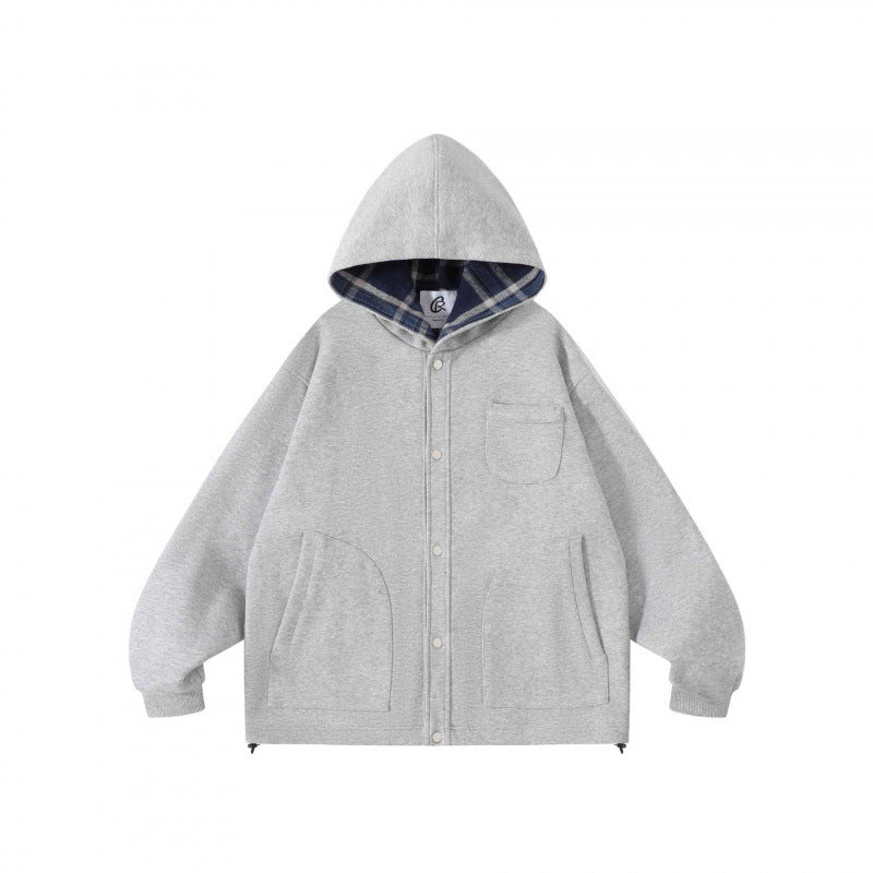 Unisex Oversize-Kapuzen-Überjacke mit kariert gefütterter Kapuze und Druckknopfleiste Echo Archiv