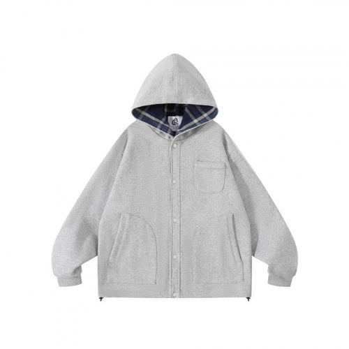 Unisex Oversize-Kapuzen-Überjacke mit kariert gefütterter Kapuze und Druckknopfleiste Echo Archiv