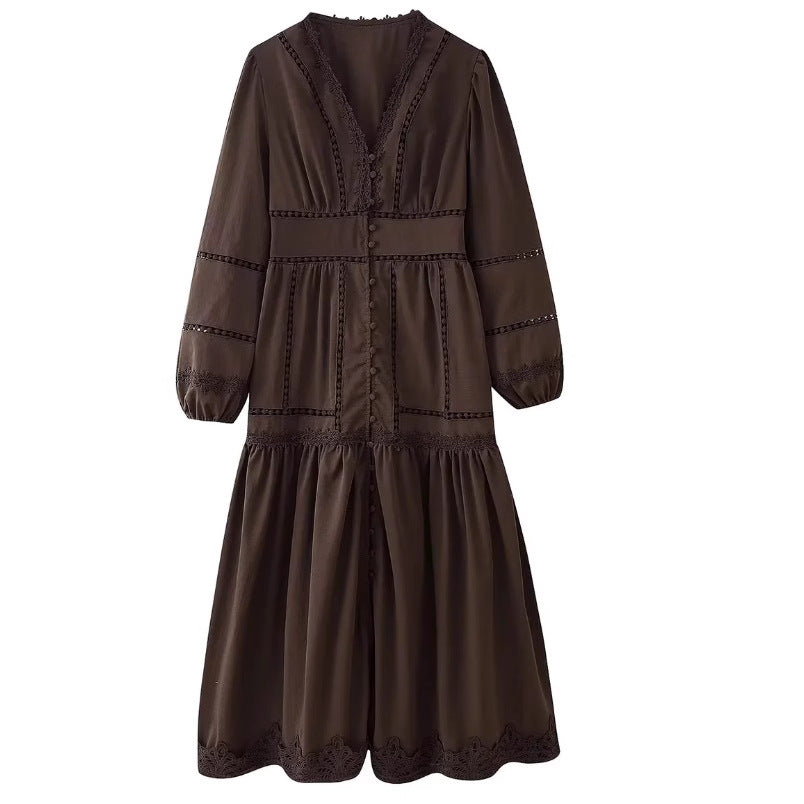 Damen 80+ Maxikleid mit V‑Ausschnitt, Spitzenbesatz, Knopfleiste und Ballonärmeln Echo Archiv