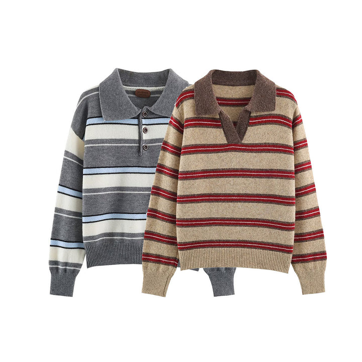 Damen Gestreifter Oversize-Pullover mit Polokragen und V-Ausschnitt Echoarchiv