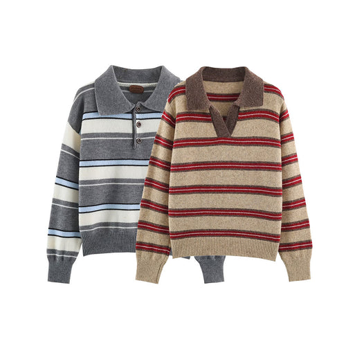 Damen Gestreifter Oversize-Pullover mit Polokragen und V-Ausschnitt Echoarchiv