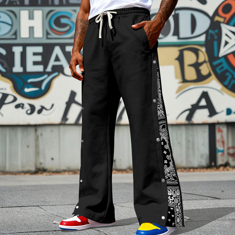 Herren Weite Snap-Trackhose mit Tunnelzug, seitlicher Bandana-Blende und Druckknopfleiste – Sorevano