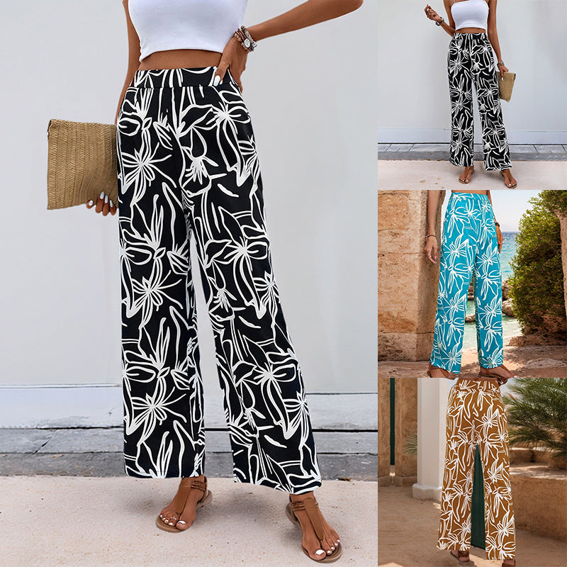 Damen Weite Leinenoptik-Hose mit hohem Bund und floralem Print Echoarchiv