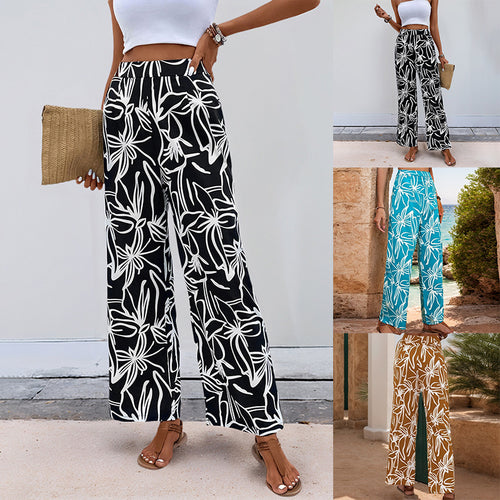Damen Weite Leinenoptik-Hose mit hohem Bund und floralem Print Echoarchiv