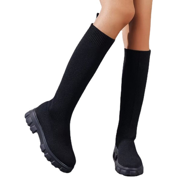 Damen Strick-Overknee-Stiefel mit elastischem Sock-Schaft und klobiger Lug-Sohle Echoarchiv