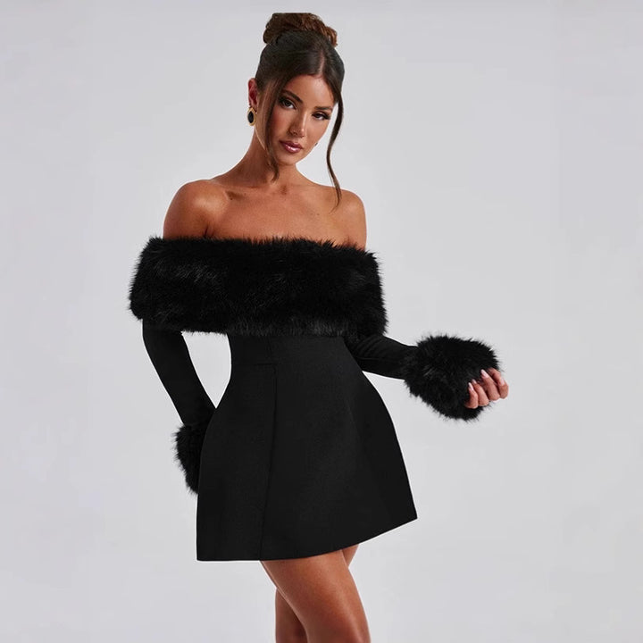 Damen Offshoulder-Kleid mit luxuriöser Futterverzierung und schwingendem Rock Echo Archiv