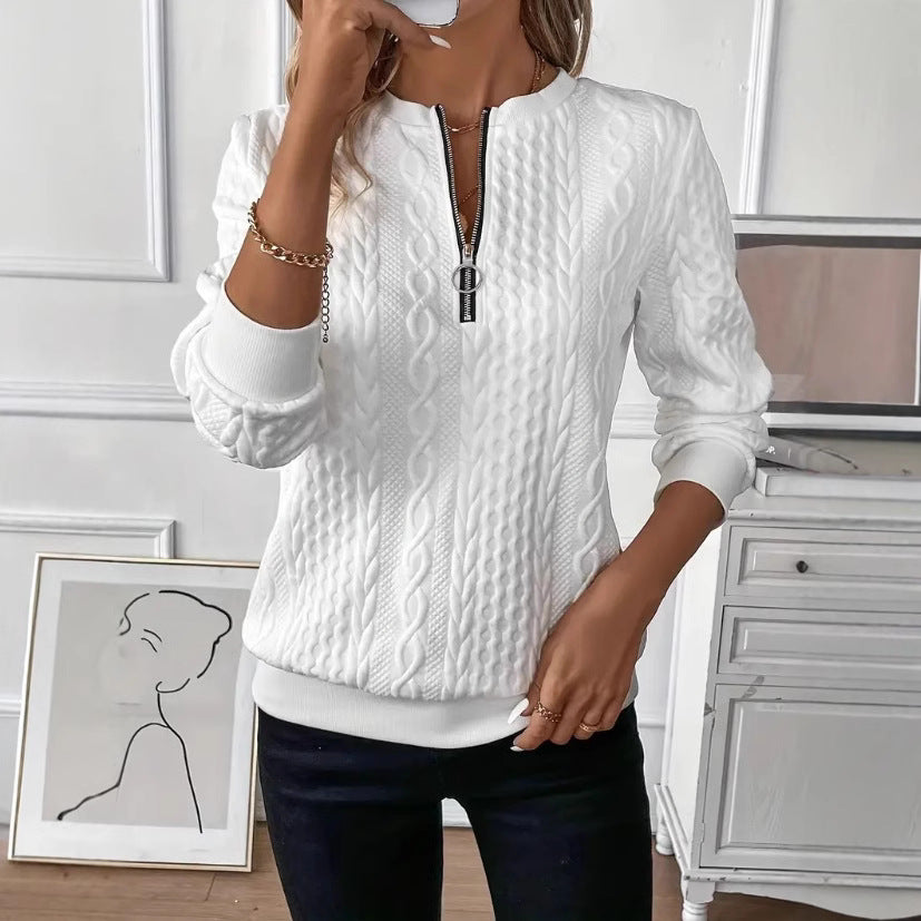 Damen Strukturierte Zopfmuster Sweatshirt mit Halbreißverschluss und Rippbündchen Echoarchiv