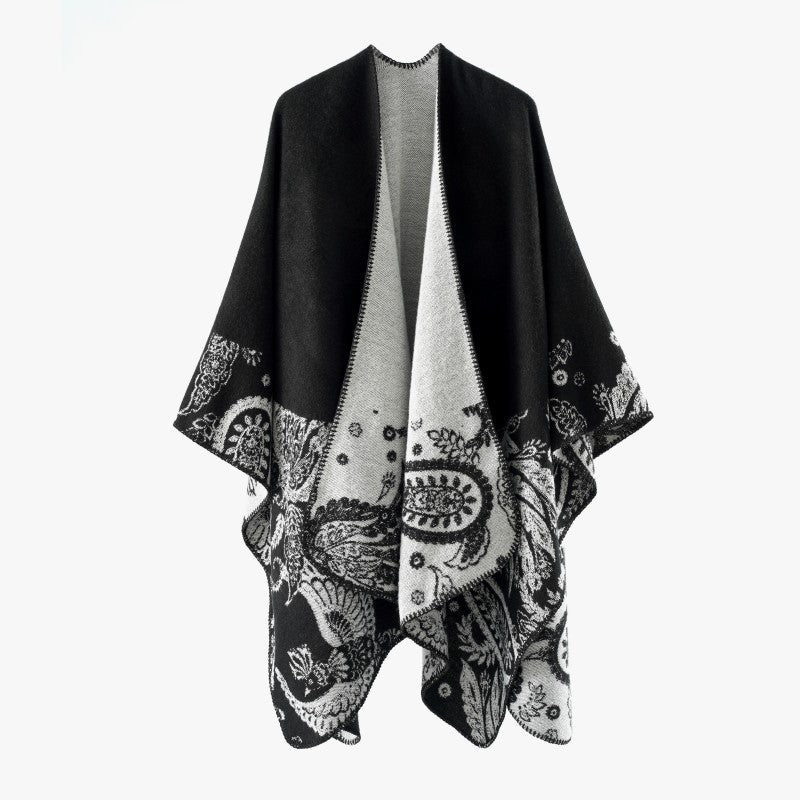 Damen Reversibler Jacquard-Capeponcho aus Wollmix mit Paisley-Motiv und offenem Fall – Montévia