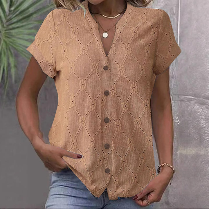 Damen nan kurzärmlige Broderie-Bluse mit V-Ausschnitt und durchgehender Knopfleiste Echo Archiv