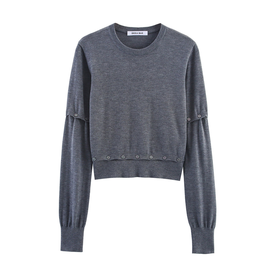 Damen Kurzer Feinstrick-Pullover mit Ballonärmeln und Dekoknopf-Bund Echo Archiv