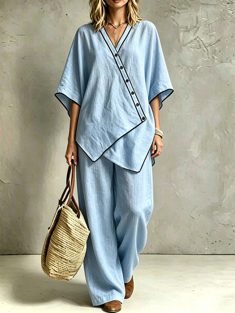 Damen Asymmetrisches Tunika-Loungewear-Set mit diagonaler Knopfleiste und weiter Palazzohose – Élanora