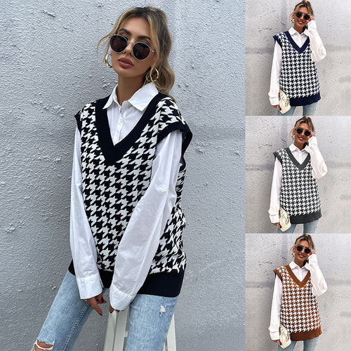 Damen Oversize Strickweste mit Hahnentrittmuster und V-Ausschnitt Echoarchiv