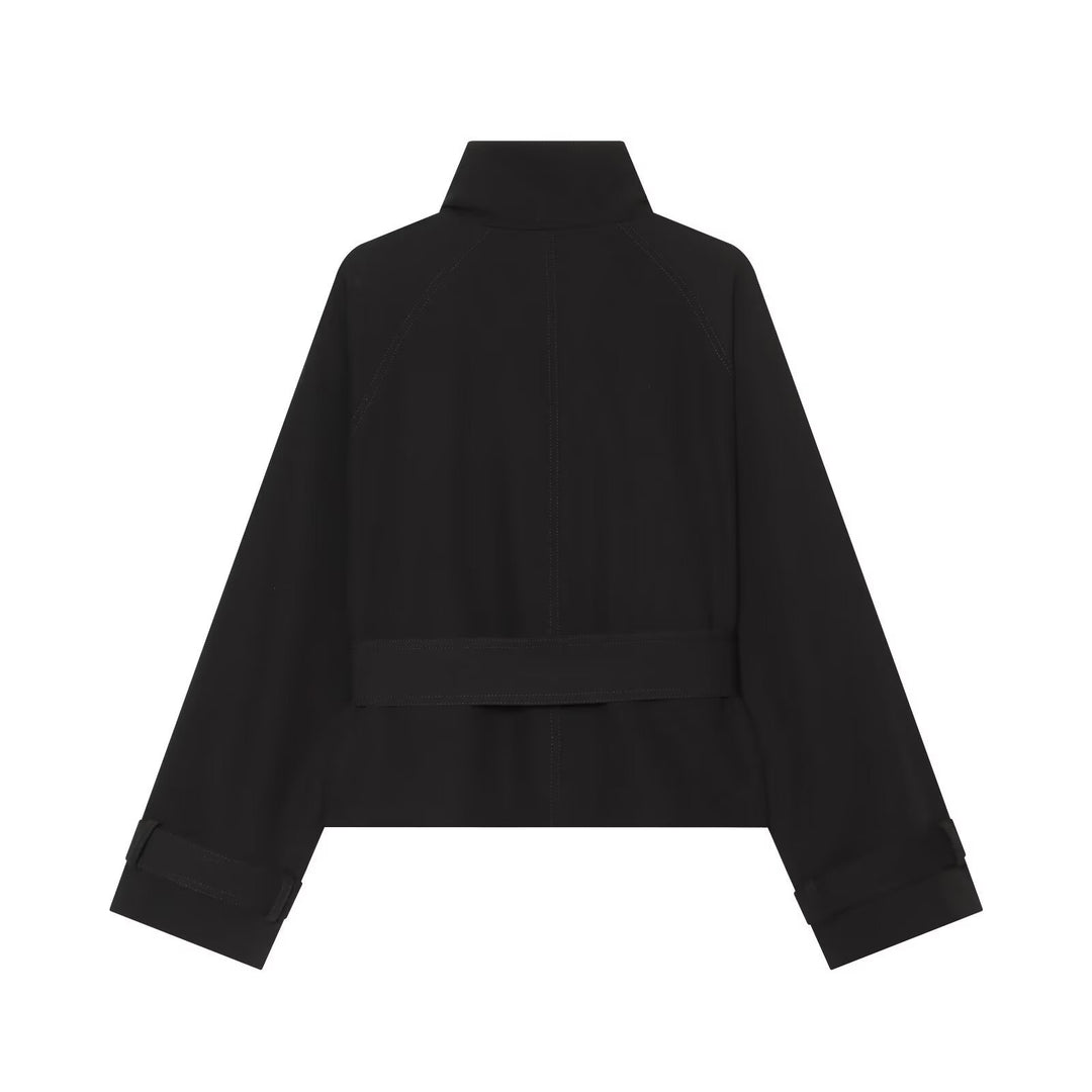 Damen Kurzer doppeltreihiger Trench‑Cape mit Schulterklappen und Taillengürtel Echoarchiv