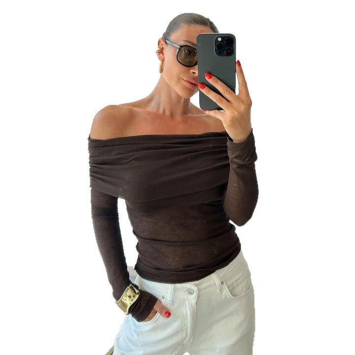 Damen nan schulterfreies Feinstrick-Longsleeve mit gerafftem Umschlagkragen und taillierter Passform Echo Archiv