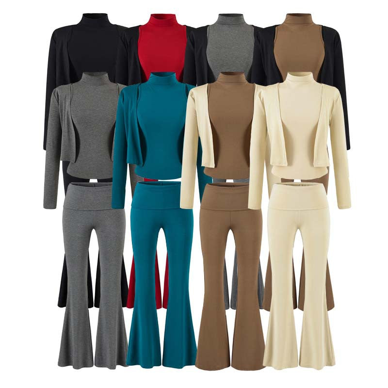 Damen Loungewear-Set mit Bolero, Rollkragen-Croptop und ausgestellter Schlaghose Echoarchiv