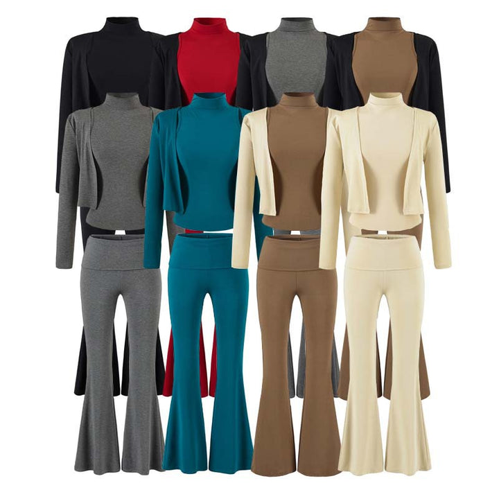 Damen Loungewear-Set mit Bolero, Rollkragen-Croptop und ausgestellter Schlaghose Echoarchiv
