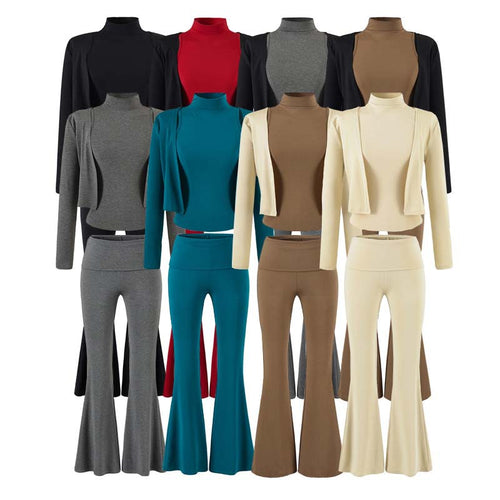 Damen Loungewear-Set mit Bolero, Rollkragen-Croptop und ausgestellter Schlaghose Echoarchiv