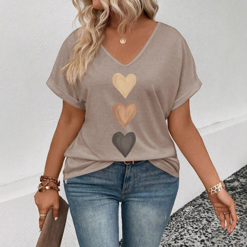 Damen lässiges V-Ausschnitt T-Shirt mit Herz-Zierdruck Echo Archiv