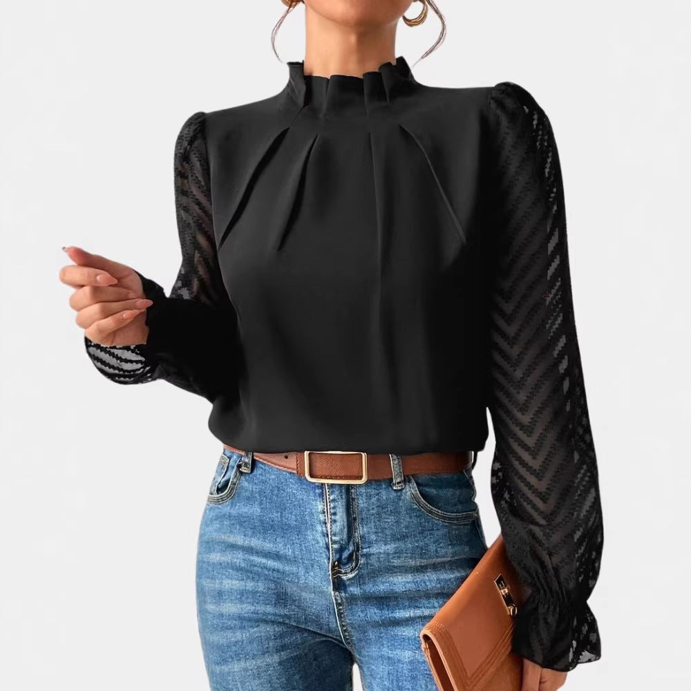 Damen Elegante Chiffonbluse mit Stehkragen, Faltenkante und transparenten Jacquard-Ärmeln – Élovi