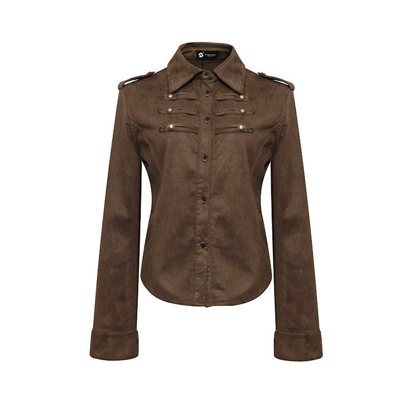 Damen Militärische Velours‑Optik Jacke mit Schulterklappen und Zierriegeln Echoarchiv