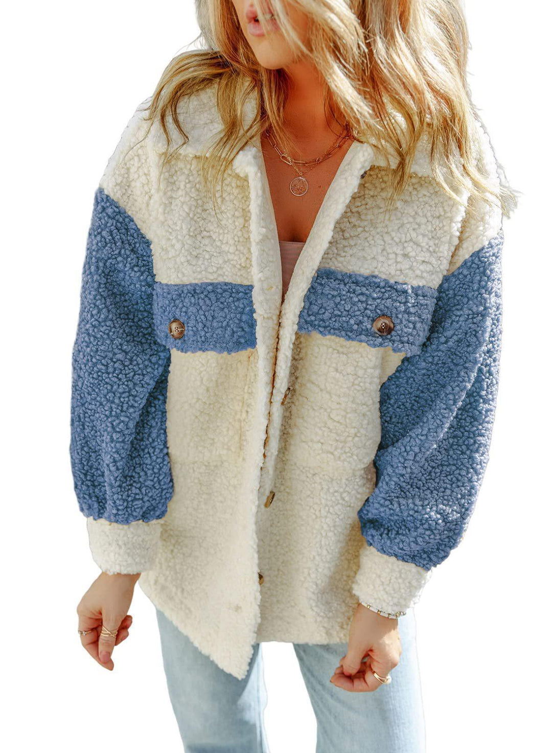 Damen nan oversized Teddy-Hemdjacke mit Kontraststreifen, aufgesetzten Brusttaschen und sichtbarer Knopfleiste Echo Archiv