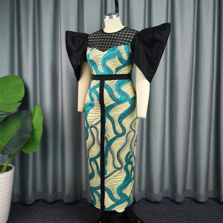 Damen Elegantes Maxikleid mit Volumenärmel und einzigartigem Muster Echo Archiv