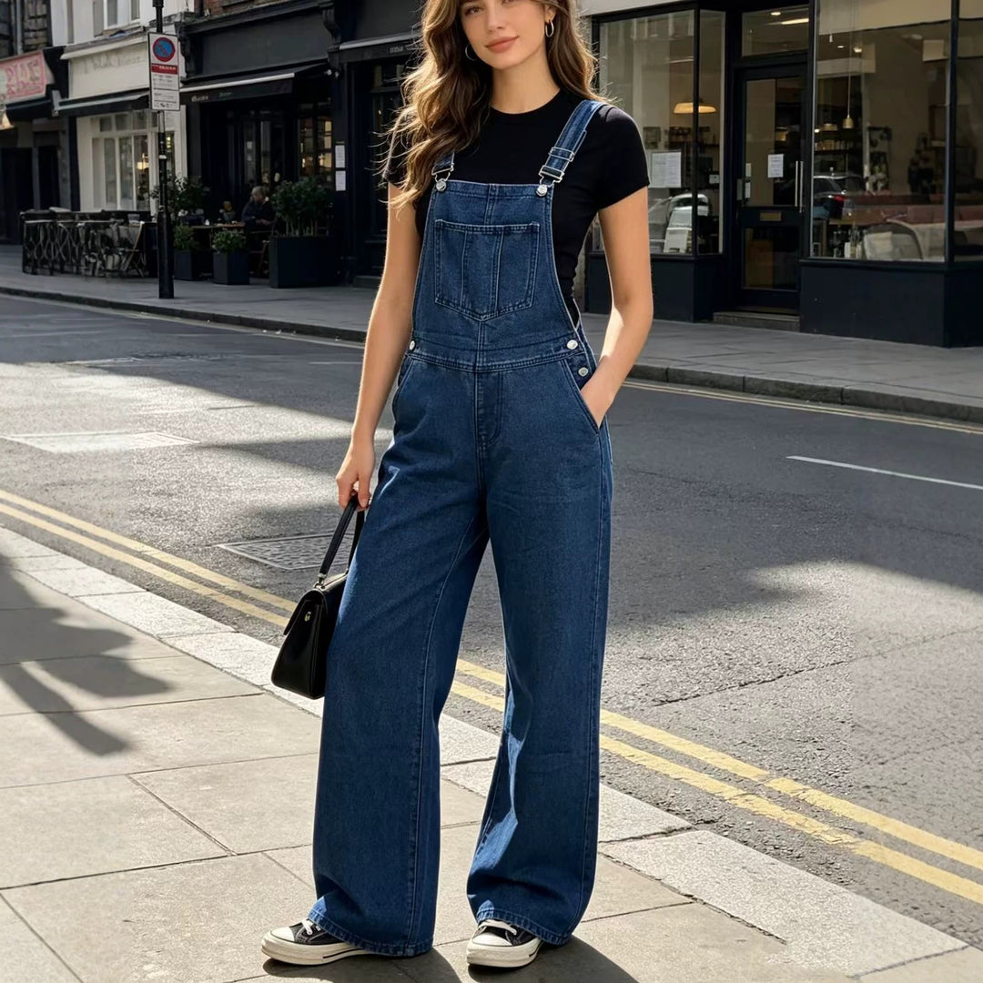 Damen nan weite Denim-Latzhose mit hoher Taille, verstellbaren Trägern und lässigem Schlag Echo Archiv