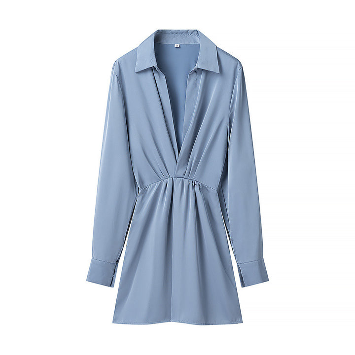 Damen tailliertes Hemd-Minikleid mit tiefem V-Ausschnitt, Raffungsbund und Manschettenärmel – Élara