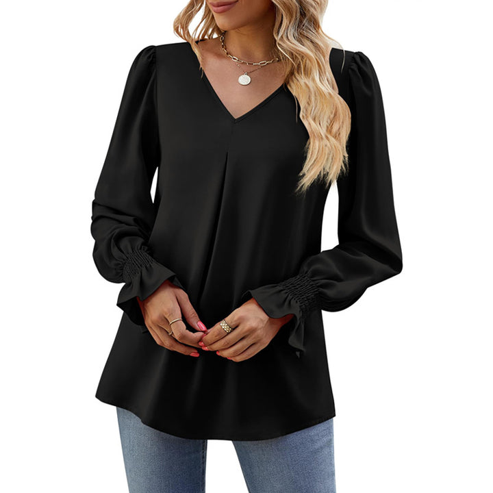 Damen V-Ausschnitt Bluse mit Kellerfalte und gerafften Manschetten – Avérine