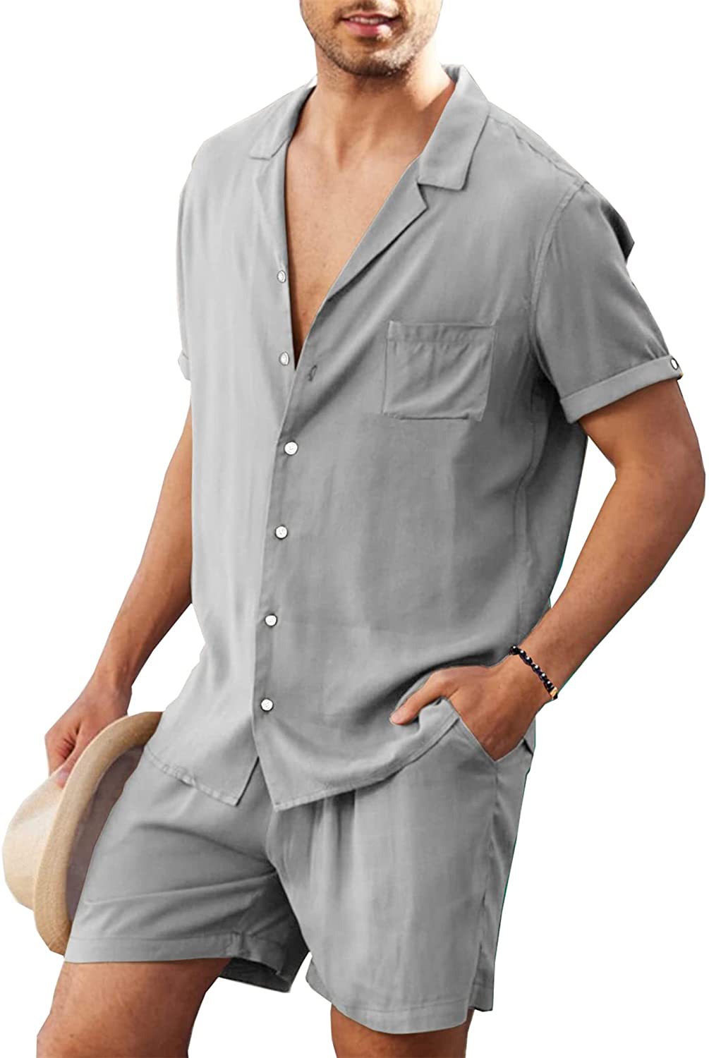 Herren nan zweiteiliges Sommer-Freizeitensemble mit offenem Revershemd und elastischer Kurzhose Echo Archiv
