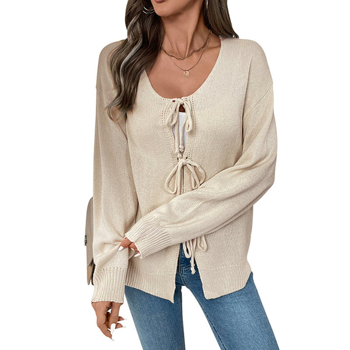 Damen Lässiger Strickpullover mit dreifacher Schnürfront, Rundhalsausschnitt und Oversize-Silhouette Echoarchiv
