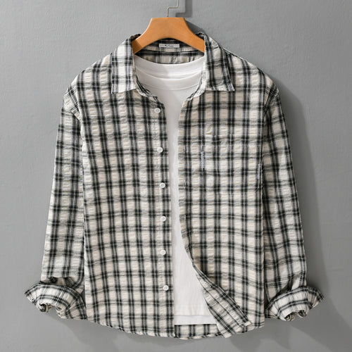 Herren Leichtes kariertes Baumwoll-Overshirt mit Soft-Crinkle‑Struktur, Brusttasche und Relaxed‑Fit Echoarchiv