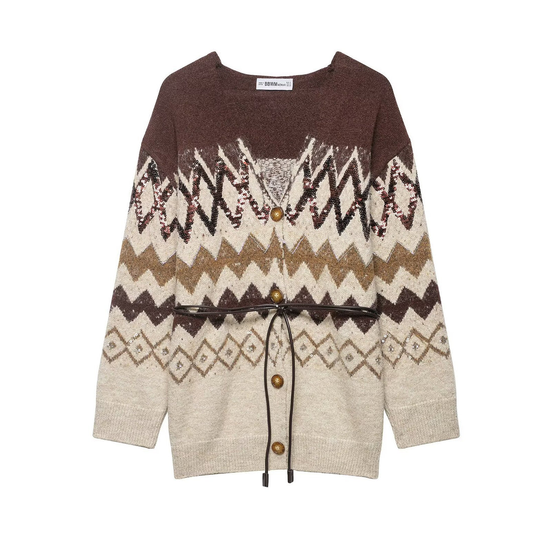 Damen Strickcardigan mit Zickzack-Jacquard, Paillettenbesatz und Taillengürtel Echoarchiv
