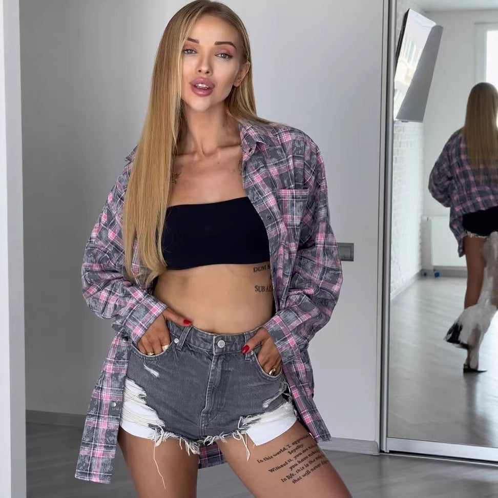 Damen Oversized Karierte Shacket-Hemdjacke mit Druckknopfverschluss und abgerundetem Saum Echoarchiv