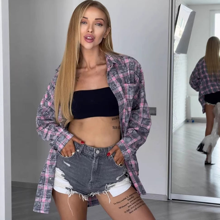 Damen Oversized Karierte Shacket-Hemdjacke mit Druckknopfverschluss und abgerundetem Saum Echoarchiv