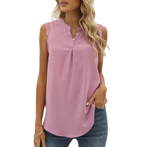 Damen Ärmelloses Blusenshirt mit Elegantem Spitzeneinsatz und Modischen Falten Echoarchiv