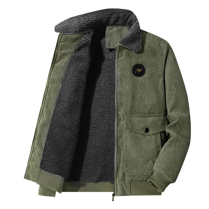 Herren Cordblouson mit durchgehendem Sherpa‑Futter, Umlegekragen und Pattentaschen – Taviero