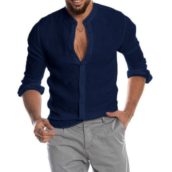 Herren nan Leinenhemd mit Stehkragen, durchgehender Knopfleiste und legerer Slim-Fit-Passform Echo Archiv