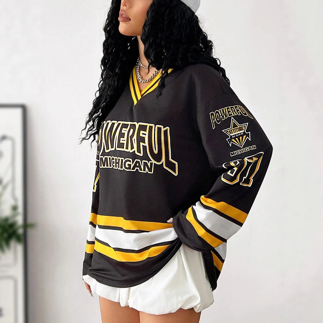 Damen Lässiges Oversized-Sweatshirt im Hockey-Look mit V-Ausschnitt und Blockstreifen – Avérine