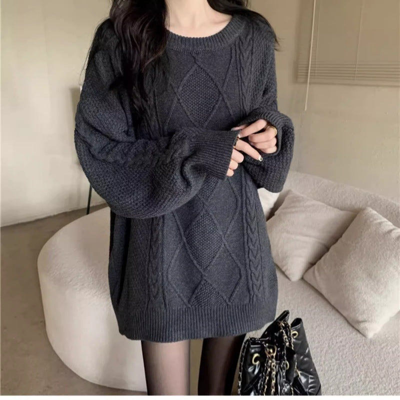 Damen Oversize Zopfmuster-Longpullover mit Rundhals und Ballonärmeln Echoarchiv
