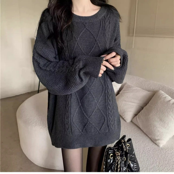 Damen Oversize Zopfmuster-Longpullover mit Rundhals und Ballonärmeln Echoarchiv