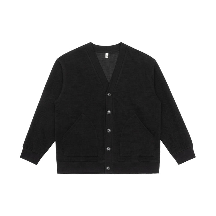Unisex Waffelstruktur-Cardigan mit V-Ausschnitt, Knopfleiste und aufgesetzten Eingrifftaschen Echoarchiv