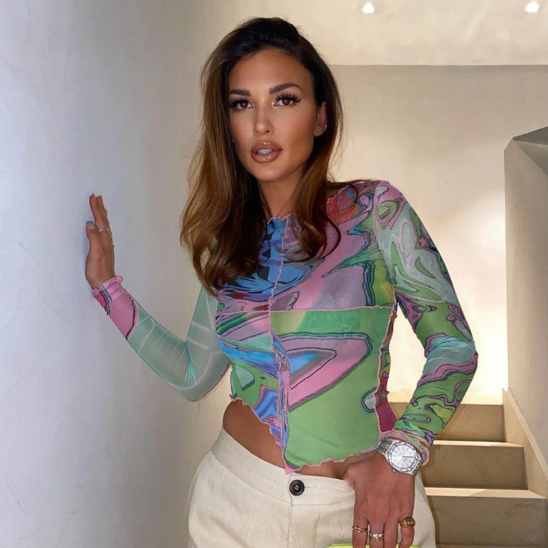 Damen Crop-Top mit kreativen grafischen Prints und tailliertem Schnitt Echo Archiv
