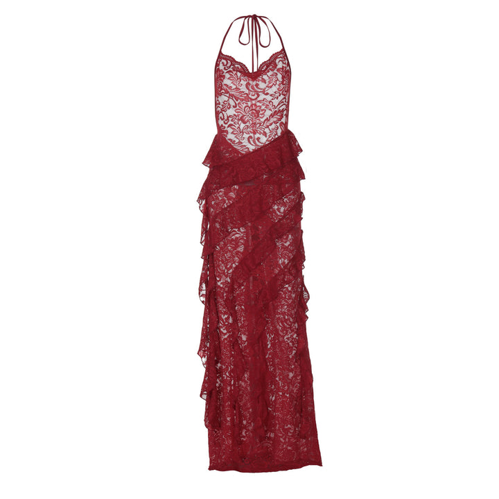 Damen Elegantes Abendkleid mit feiner Spitze und Rüschendetails Echo Archiv