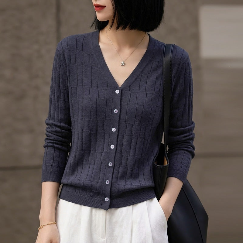 Damen V‑Ausschnitt-Feinstrickcardigan mit strukturierter Blockoptik und durchgehender Knopfleiste Echoarchiv